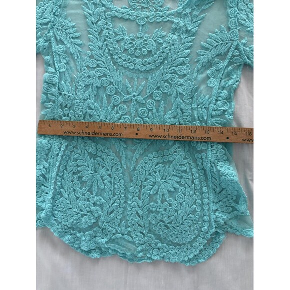 Blue Sheer Embroidered Lace Top Womens Medium Floral Boho Festival Layer Beach - Picture 9 of 13